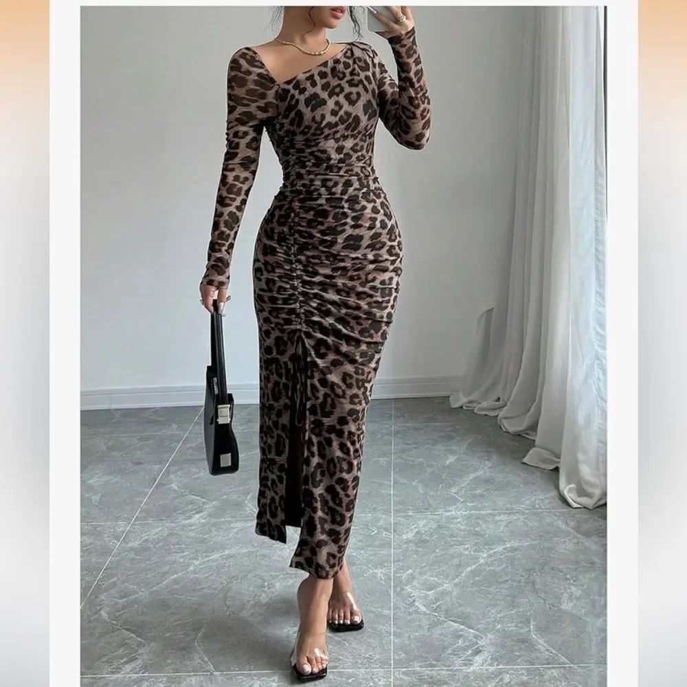 New Leopard print Asymmetrical Bodycon midi dress - Picture 2 of 9